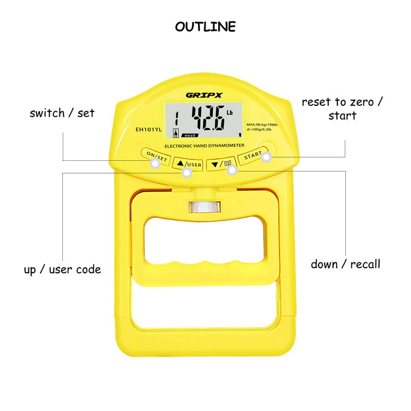 GRIPX Digital Hand Dynamometer Grip Strength Measurement Meter Auto Capturing Electronic Hand Grip Power 198Lbs / 90Kgs  Yellow - Image 3